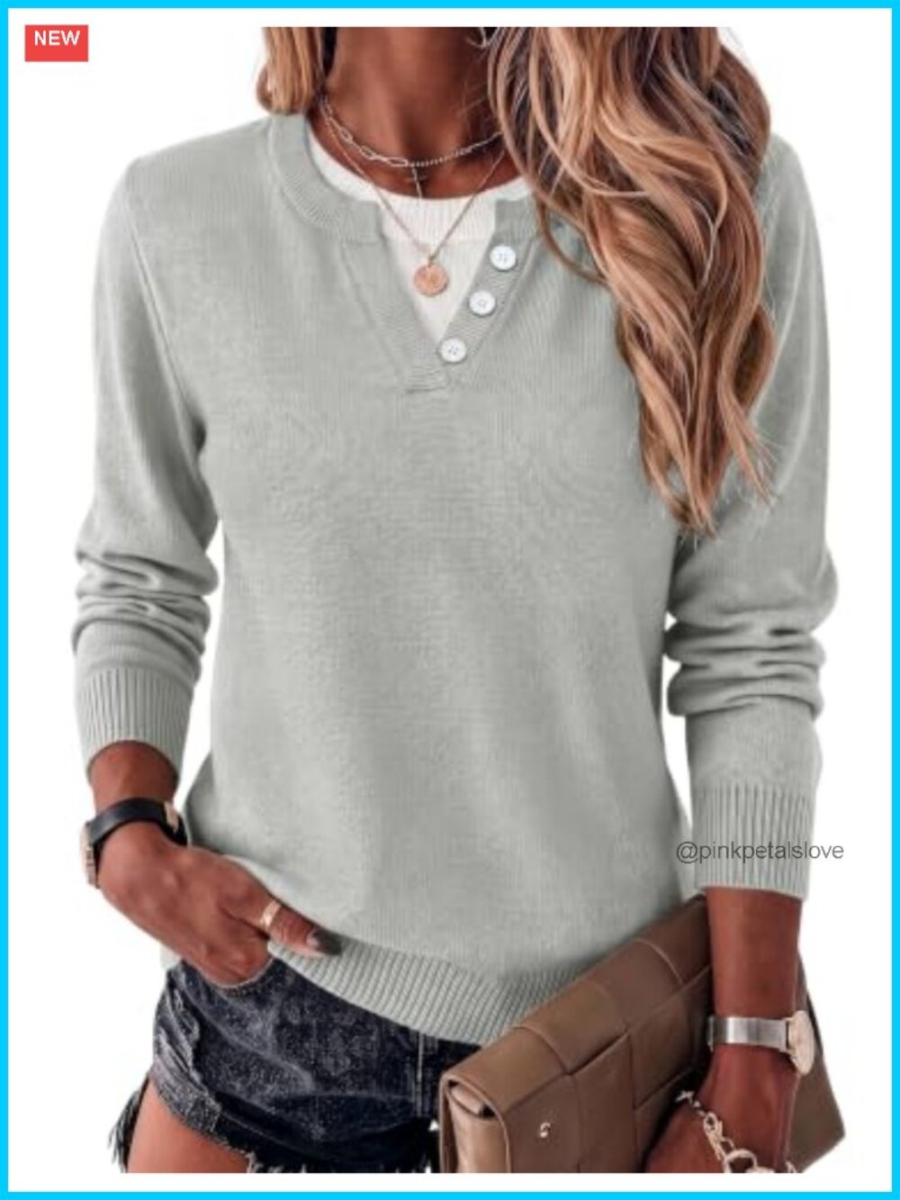 Lightweight Knit Pullover Sweater Faux Layer Button Women Fall Top